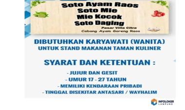 Dibutuhkan Karyawati Jaga Stand Taman Kuliner, Way Halim, Bandar Lampung Kota, Lampung