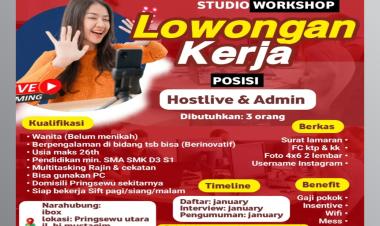 Loker admin dan host segera Pringsewu, Pringsewu Kab., Lampung