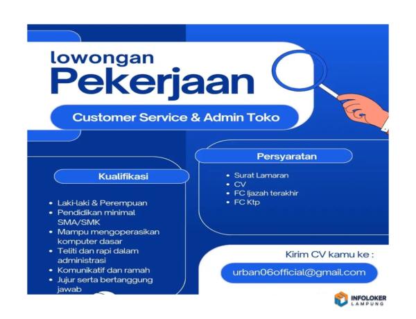 Loker Customer Service & Admin Toko di Urbanx06Labuhan Ratu, Bandar Lampung Kota, Lampung
