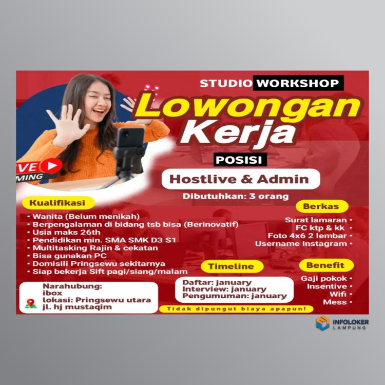 Loker admin dan host segera Pringsewu, Pringsewu Kab., Lampung