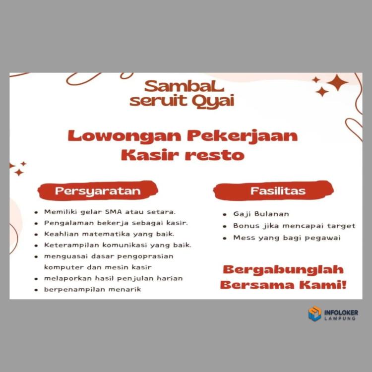 Lowongan Kerja Bagian Kasir Restoran di Sambal Seruit Qyai, Bandar Lampung