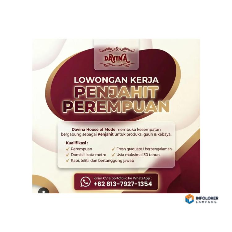 Lowongan Kerja dari Davina House of Mode untuk posisi Penjahit Perempuan, Kota Metro, Lampung