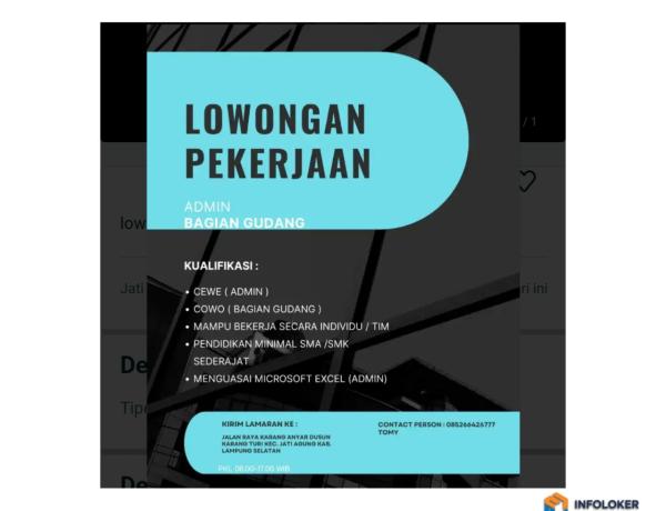 Dibutuhkan Admin + Karyawan Bagian Gudang, Jati Agung, Lampung Selatan Kab., Lampung