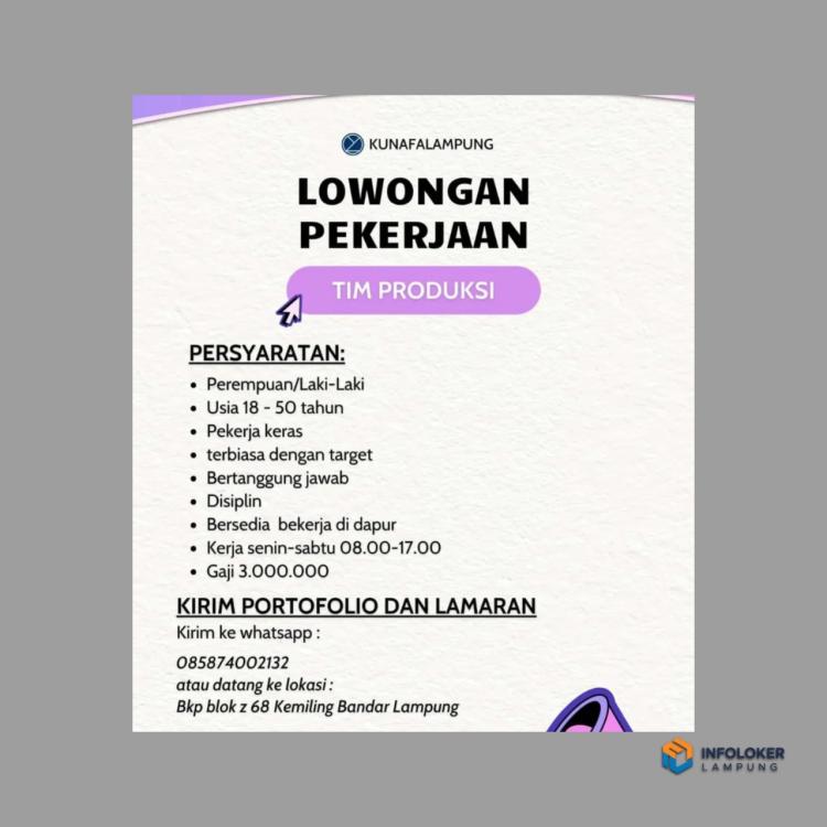Lowongan Kerja Dari Kunafa Lampung Untuk Posisi Tim Produksi, Kemiling, Bandar Lampung