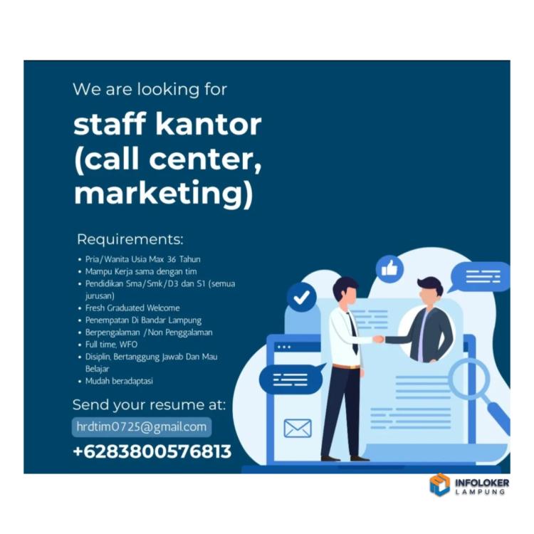 Lowongan Kerja Untuk Posisi Staff Kantor (Call Center & Marketing) di Bandar Lampung