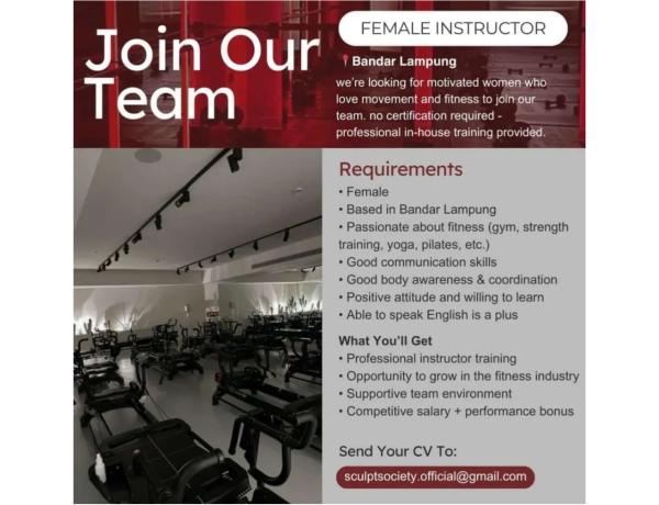 Lowongan Kerja Posisi Instruktur (Wanita) di Sebuah Studio Kebugaran, Bandar Lampung