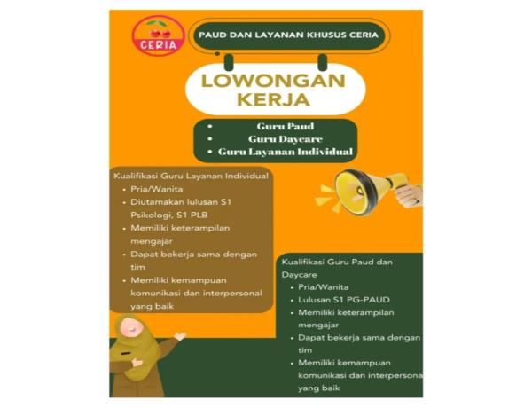 Dibutuhkan Guru PAUD dan Layanan Khusus Ceria, Bandar Lampung