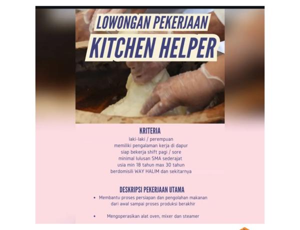 Lowongan kerja untuk posisi Kitchen Helper di Uigi-trigi's (bagian dari Bang Panji Group) untuk penempatan di wilayah Way Halim