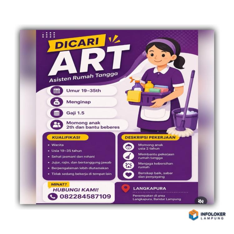 Lowongan Kerja ART untuk ditempatkan di area Langkapura, Bandar Lampung