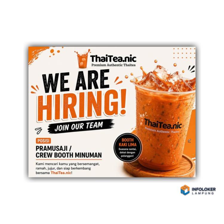 Lowongan kerja di ThaiTea.nic untuk posisi Pramusaji / Crew Booth Minuman, bandar lampung