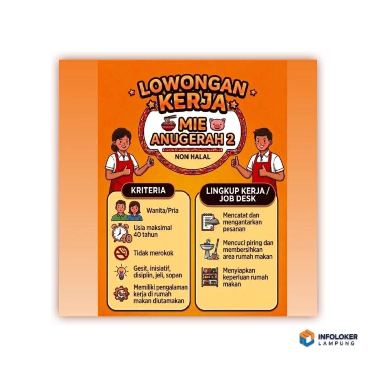 Lowongan kerja karyawan di Mie Anugerah 2, sebuah rumah makan non-halal di Bandar Lampung