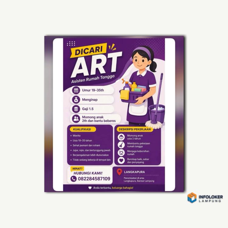 Lowongan kerja Asisten Rumah Tangga (ART) untuk wilayah Langkapura, Bandar Lampung