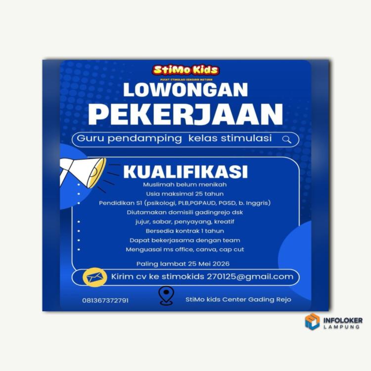 Lowongan kerja dari StiMo Kids untuk posisi Guru pendamping kelas stimulasi, bandar lampung