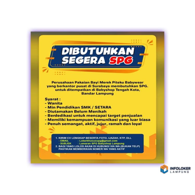 Dibutuhkan SPG untuk penempatan di Babyshop Tengah Kota, Bandar Lampung