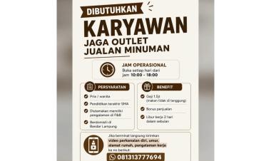 Lowongan Kerja Karyawan Jaga Outlet Jualan Minuman untuk wilayah Bandar Lampung