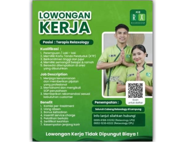 Lowongan kerja untuk posisi Terapis Relaxology di RX Relaxology, Bandar Lampung
