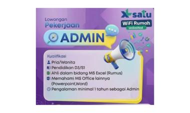 Lowongan kerja untuk posisi Admin di perusahaan Satu WiFi Rumah Unlimited, Bandar Lampung