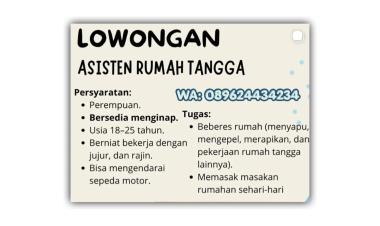 Lowongan Kerja Asisten Rumah Tangga (ART) di Teluk Betung Utara, Bandar Lampung