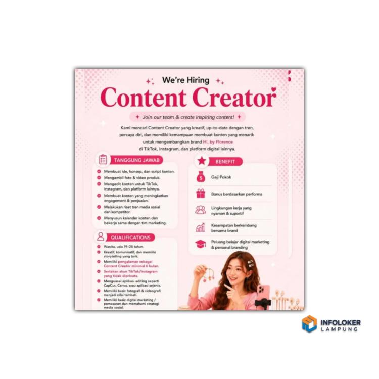 Lowongan Kerja Untuk Posisi Content Creator di brand Hi, by Florence, Bandar Lampung
