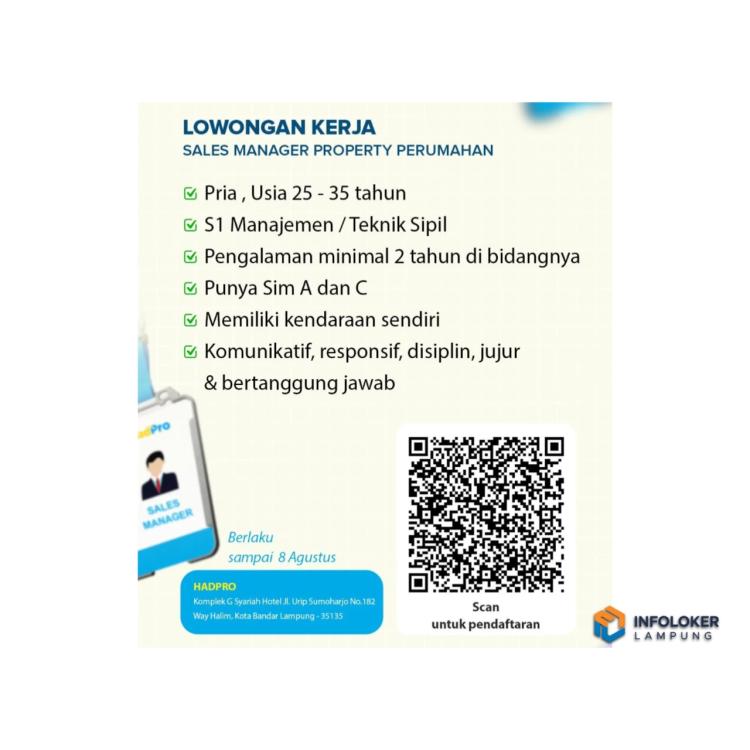 Lowongan kerja untuk posisi Sales Manager Property Perumahan di HADPRO, Bandar Lampung