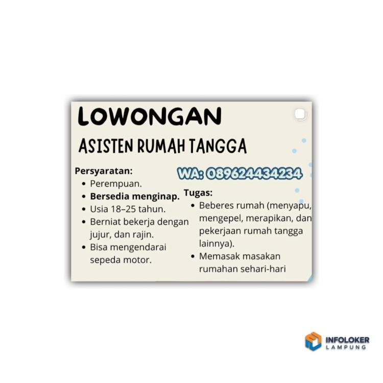 Lowongan Kerja Asisten Rumah Tangga (ART) di Teluk Betung Utara, Bandar Lampung